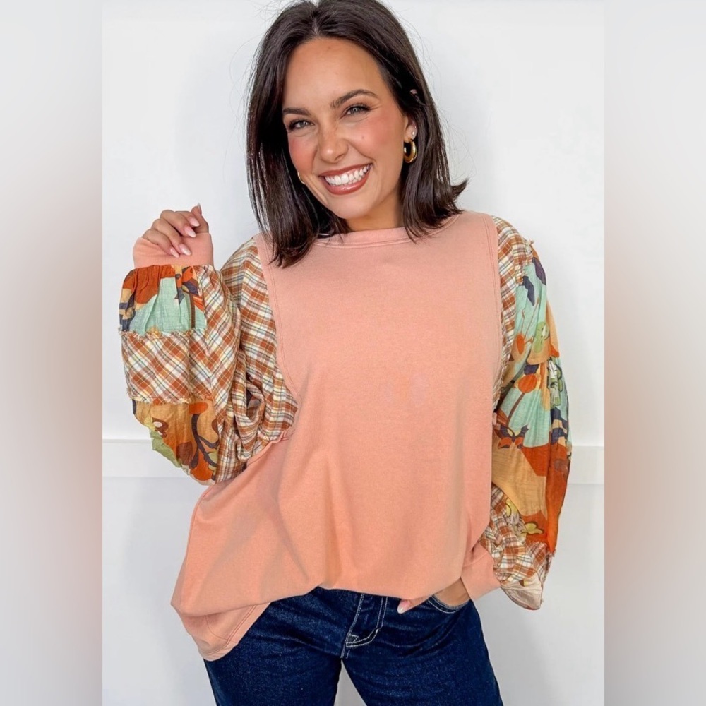 Chic Peach Patchwork Style Long Sleeve Blouse